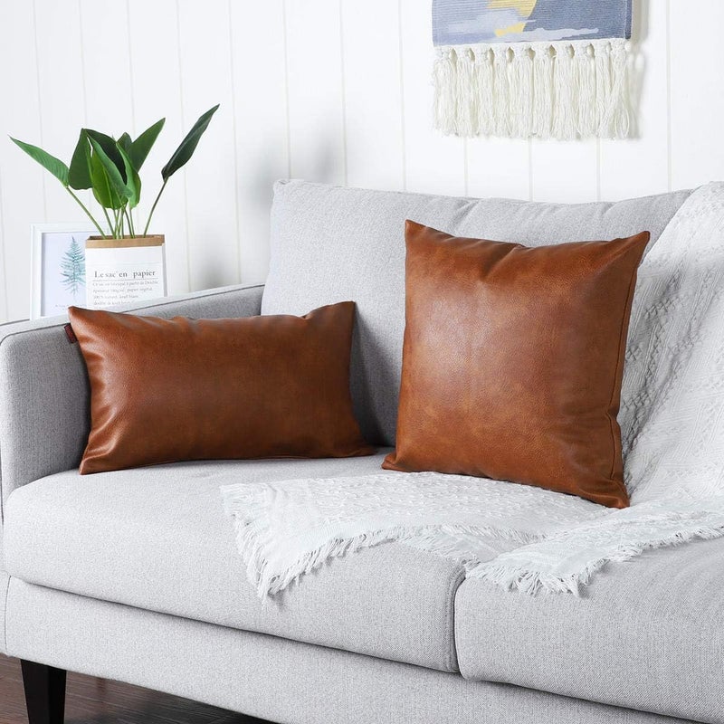 MANDIOO Set of 2 Lumbar Faux Leather Decorative Throw Pillow Covers Modern Solid Outdoor Cushion Cases Luxury Pillowcases for Couch Sofa Bed 12x20 Inches Brown - Image 2